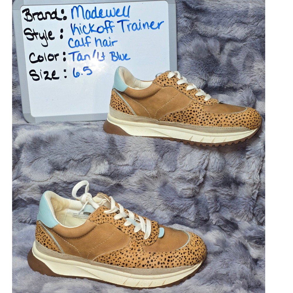 EUC Madewell Kickoff Trainer Sneakers Leopard‎ Print Calf Hair Light Blue Sz 6.5